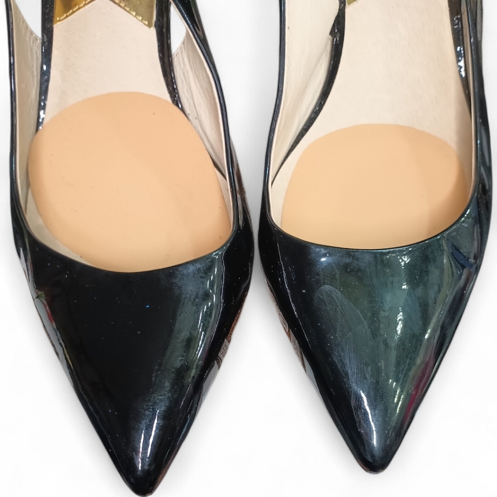 Michael Kors | Kelsey Kitten Slingback | Blk Patent Leather Gold Hardware | Sz 9 - Picture 10 of 14